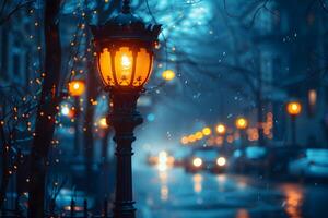 Street Light in Rainy Night. photo