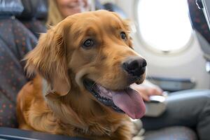 perro sentado en avión. IA generativa foto