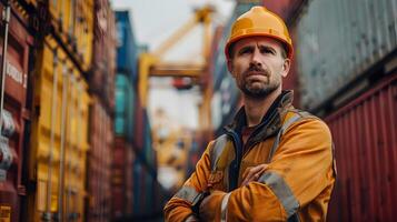 Man in Hard Hat by Shipping Containers. photo