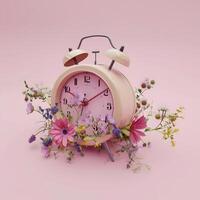 Alarm Clock With Flowers on Pink Background. photo