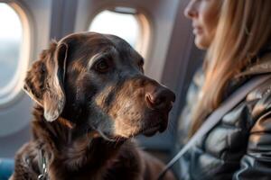 marrón perro sentado con mujer en avión. IA generativa foto