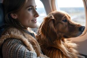 Woman With Dog in Airplane. photo