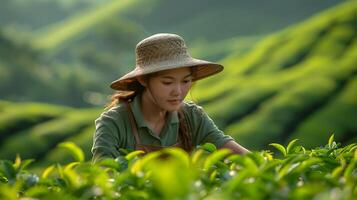 Woman in Hat Picking Tea Leaves. Generative-AI photo