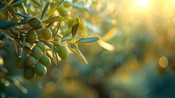Olives Ripening on Tree, Sunlit Background. photo