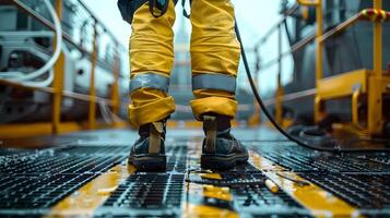 Worker in Yellow Work Pants and Safety Gear. photo