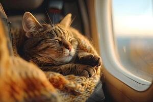 Tabby Cat Enjoys Cozy Flight by Window Seat. photo