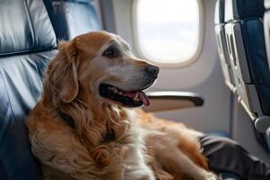 Dog Sitting on Airplane Seat. GenerativeAI photo