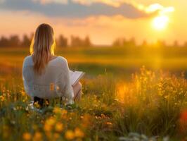 Beautiful Caucasian girl reading a book in the meadow. photo