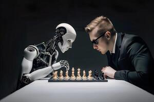 Businessman and AI robot playing chess. Concept of human and robot war in future photo