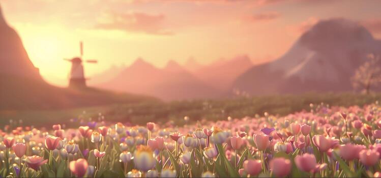 Landscape of beautiful tulip field in Netherland at sunset photo