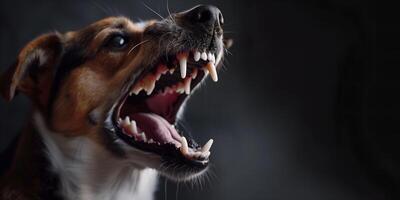 Head shot of aggressive dog barking. Rabies virus infection concept. photo