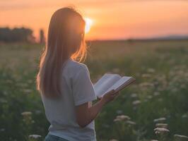 Beautiful Caucasian girl reading a book in the meadow. photo