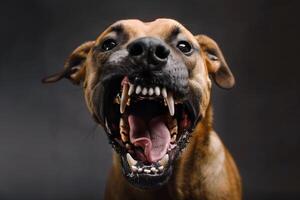 Head shot of aggressive dog barking. Rabies virus infection concept. photo