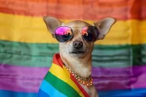 Fashionable chihuahua pet dog in pride parade. Concept of LGBTQ pride. photo