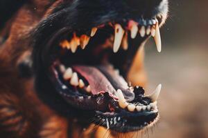 Closeup of mouth of aggressive dog barking. Rabies virus infection concept. photo