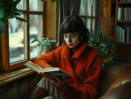 hermosa caucásico niña leyendo libro adentro foto