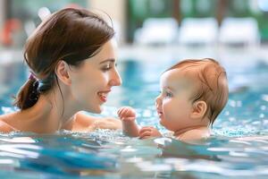 Beautiful Caucasian young mother and her baby in the swimming pool. photo