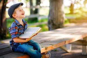 Cute little boy reading holy bible book at countryside photo