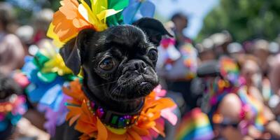 Fashionable PUG pet dog in pride parade. Concept of LGBTQ pride. photo