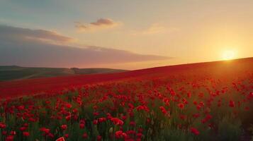 Beautiful field of red poppies in sunset light photo