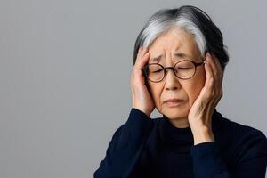 Asian elder woman suffering dizziness, vertigo, headache, fainting attack or stress. photo