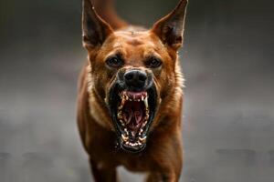 Head shot of aggressive dog barking. Rabies virus infection concept. photo