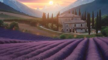 French lavender flowers field, traditional house and mountains at sunset. photo