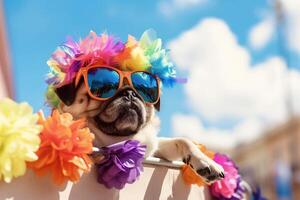 Fashionable PUG pet dog in pride parade. Concept of LGBTQ pride. photo
