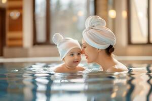 Beautiful Caucasian young mother and her baby in the swimming pool. photo