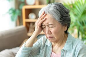 Dizziness or headache of Asian senior woman. photo