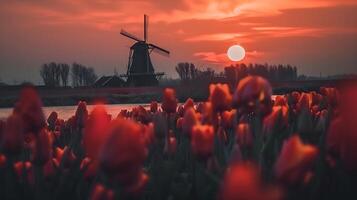 paisaje de rojo tulipán campo y tradicional holandés molino en Holanda foto