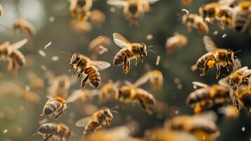 Busy honey bees flying photo
