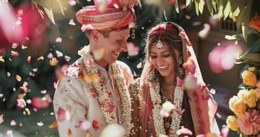 INDIAN BRIDE AND GROOM AT AMAZING HINDU WEDDING CEREMONY. photo