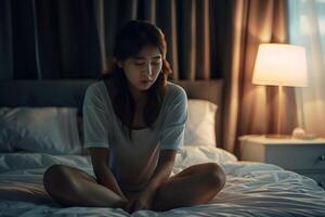 Asian girl feeling sad and lonely in the bedroom under dim light photo