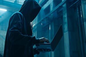 Anonymous hacker typing computer laptop. Cybercrime, cyberattack, dark web concept. photo