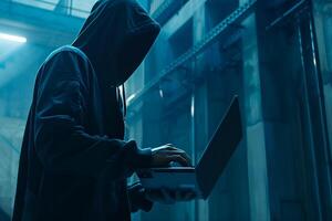 anónimo hacker mecanografía computadora ordenador portátil. ciberdelincuencia, ataque cibernetico, oscuro web concepto. foto