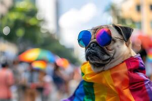 de moda doguillo mascota perro en orgullo desfile. concepto de lgbtq orgullo. foto