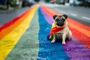 Fashionable PUG pet dog in pride parade. Concept of LGBTQ pride. photo