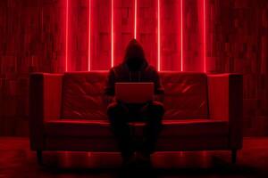 de moda anónimo hacker mecanografía computadora ordenador portátil. ciberdelincuencia, ataque cibernetico, oscuro web concepto. foto