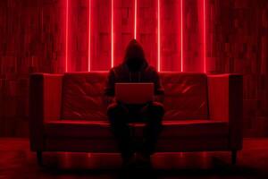 Fashionable anonymous hacker typing computer laptop. Cybercrime, cyberattack, dark web concept. photo