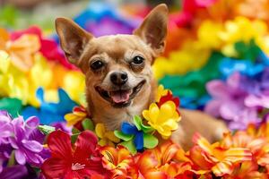 Fashionable chihuahua pet dog in pride parade. Concept of LGBTQ pride. photo