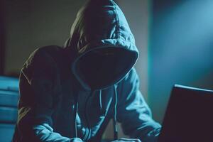 Anonymous hacker typing computer laptop. Cybercrime, cyberattack, dark web concept. photo