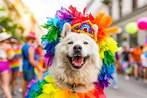 de moda Samoyedo mascota perro en orgullo desfile. concepto de lgbtq orgullo. foto