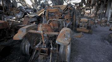 Burnt goods and equipment inside the warehouse. Destroyed logistics hub as a result of a rocket attack by Russian troops near Kyiv. War between Russia and Ukraine. video