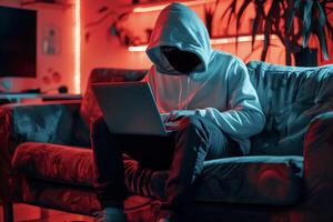 Fashionable anonymous hacker typing computer laptop. Cybercrime, cyberattack, dark web concept. photo