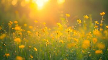 Beautiful field of yellow daisy flowers in sunset light photo