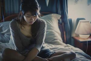 Asian girl feeling sad and lonely in the bedroom under dim light photo