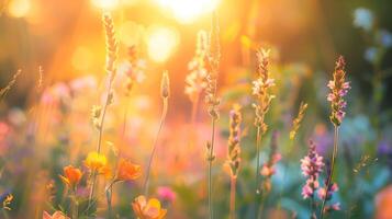 hermosa campo de púrpura flores en puesta de sol ligero foto