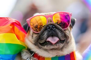 Fashionable PUG pet dog in pride parade. Concept of LGBTQ pride. photo