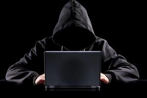 Anonymous hacker typing computer laptop. Cybercrime, cyberattack, dark web concept. photo